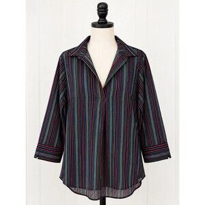 Colorful Striped V Neck Collared Blouse Petite L